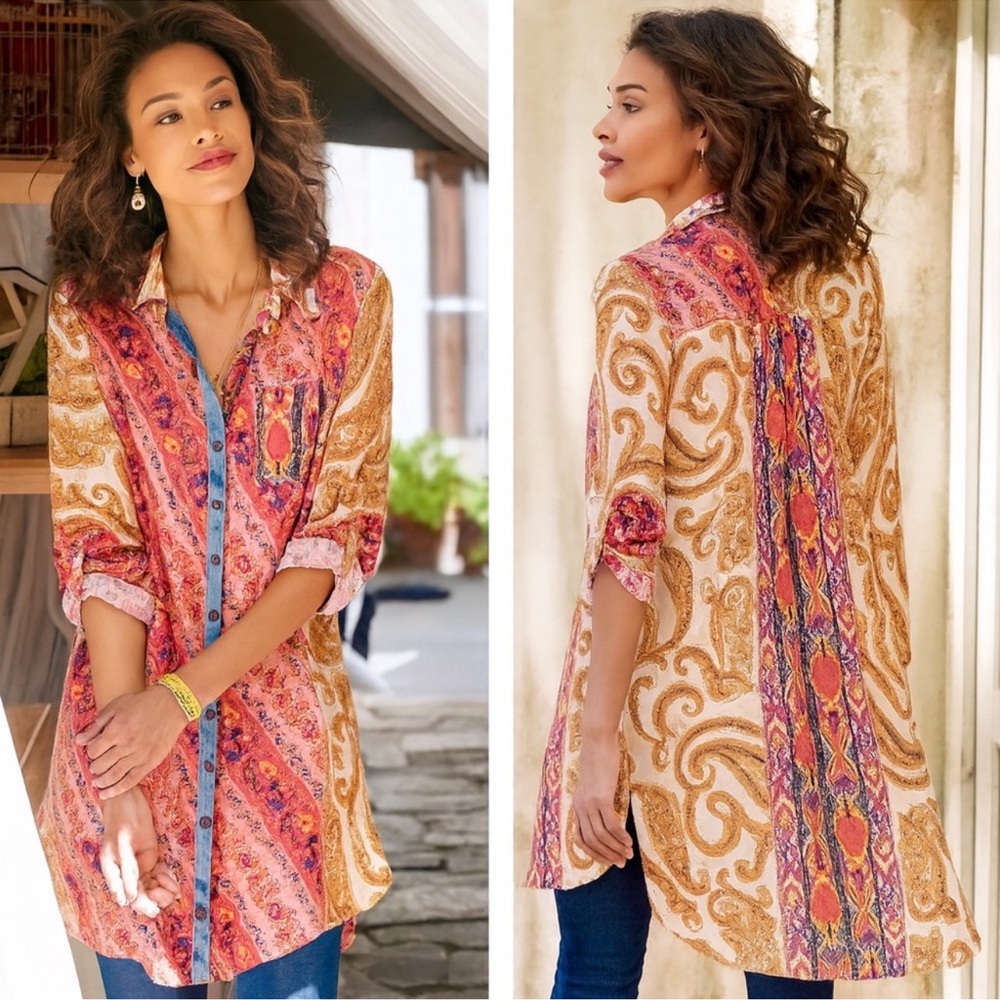 Soft Surroundings Brynn Boho Paisley Print Velvet Silk Trim Tunic Top Medium
